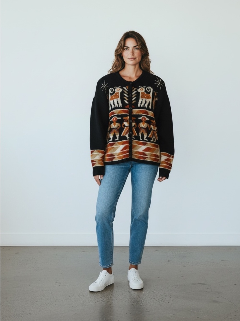 Kitty Hawk By Vivian Wang Vintage Black & Rust Animal Motif Wool Cardigan Medium
